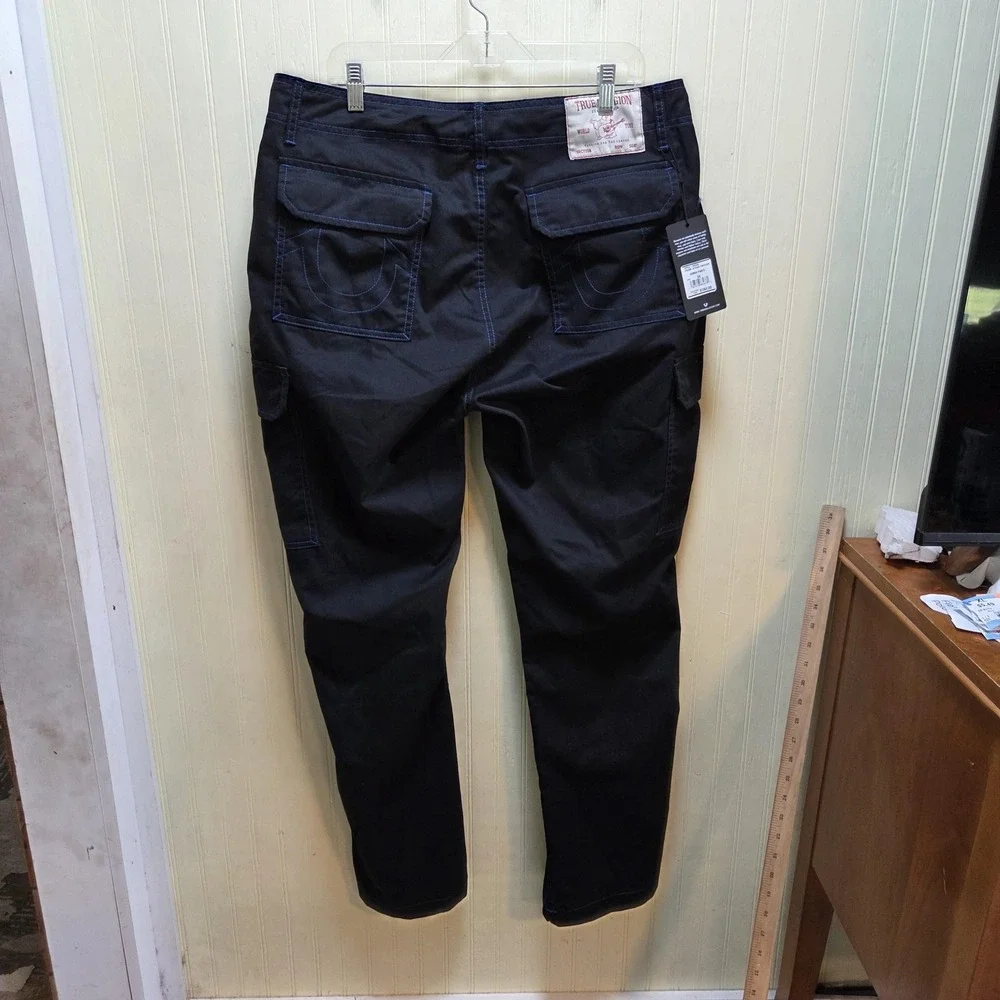True Religion Cargo Pants Mens 36x32 Black Pacific Blue Stitch Pockets Casual